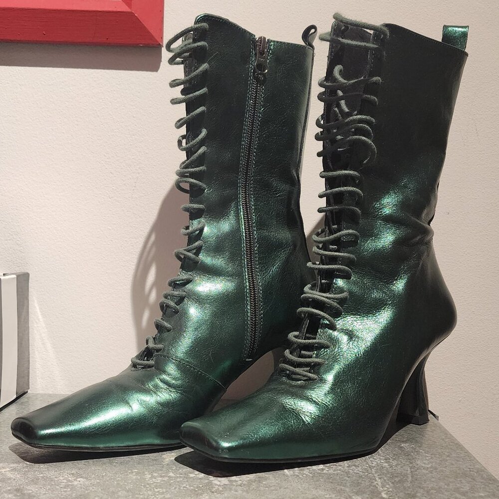 Metallic Green L'intervalle Square Toe Leather Boots - Picture 2 of 11